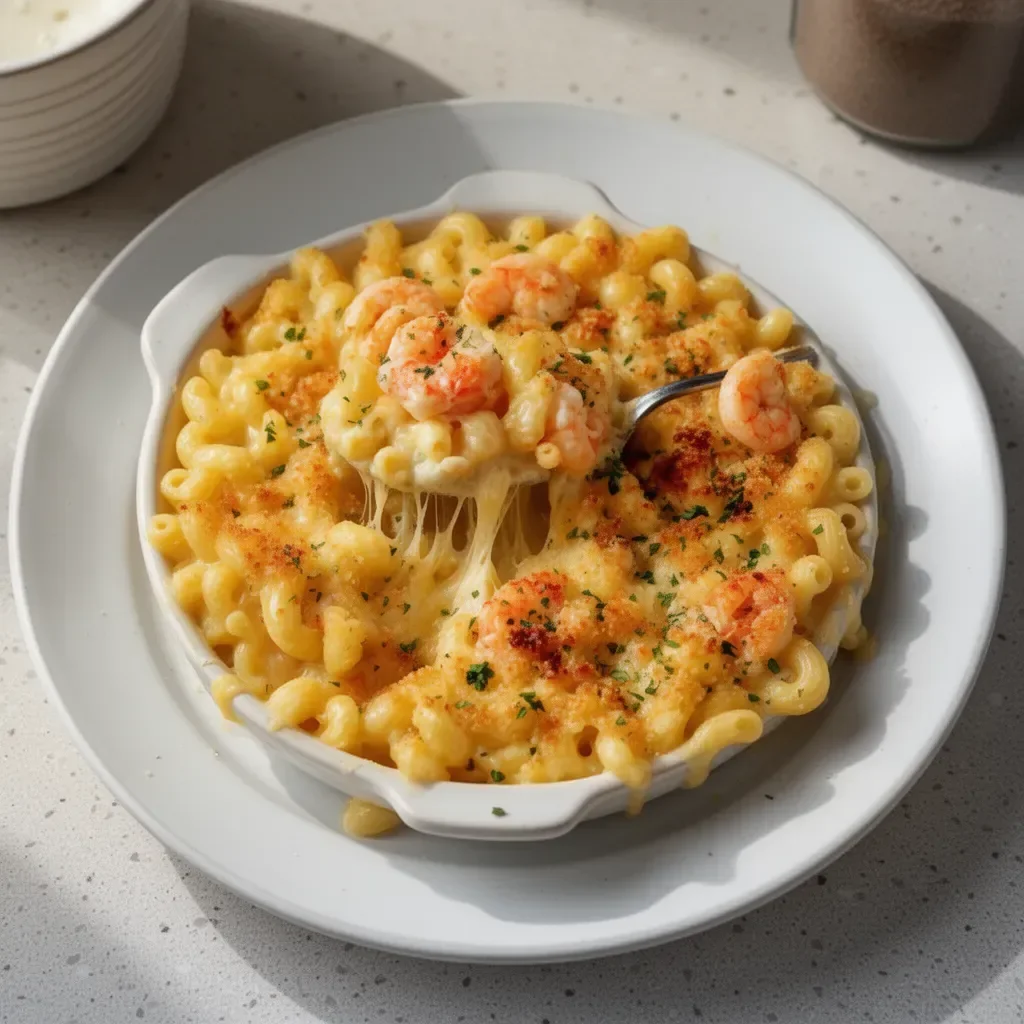 Delicious seafood mac and cheese with creamy sauce and fresh seafood ingredients