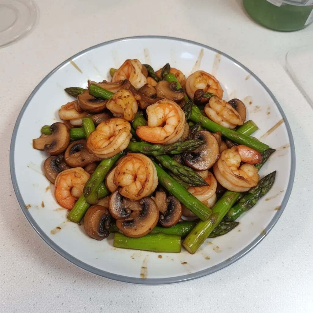 Shrimp stir-fry with asparagus and mushrooms served in a colorful dish