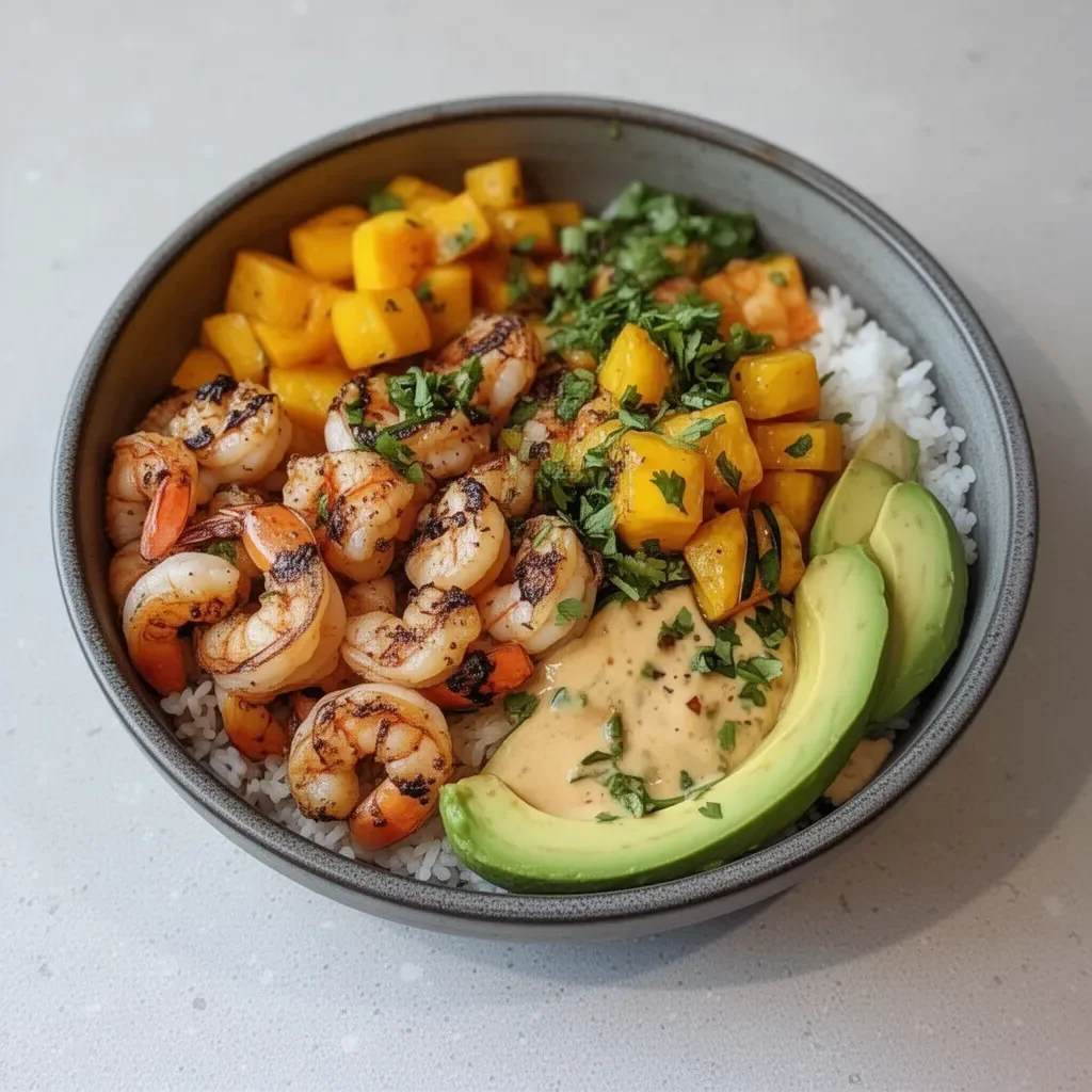 Colorful shrimp avocado bowls garnished with fresh herbs and lime