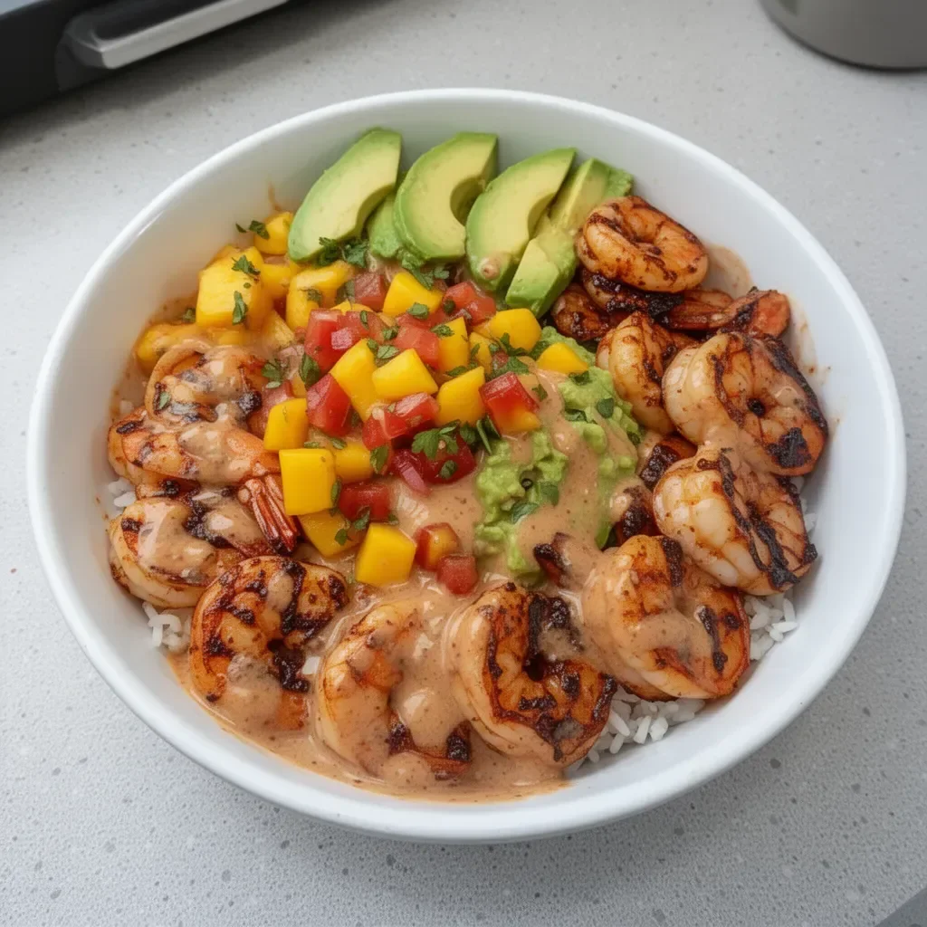 Shrimp avocado bowls topped with mango salsa and lime-chili sauce