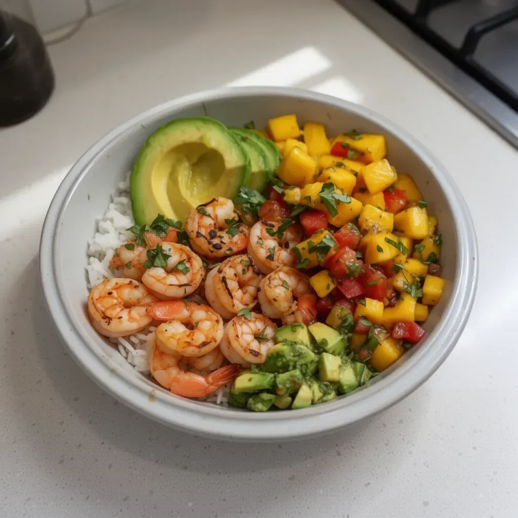 Shrimp avocado bowls with mango salsa and lime-chili sauce.