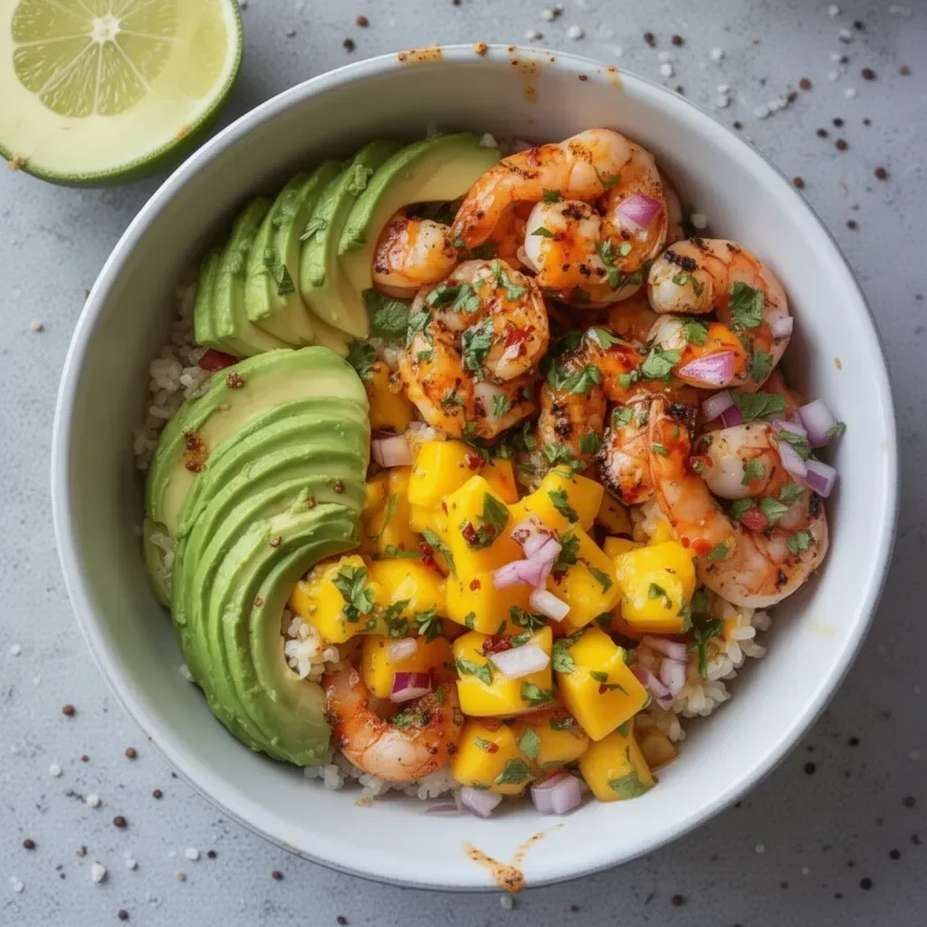 Shrimp avocado bowl with mango salsa and lime-chili sauce