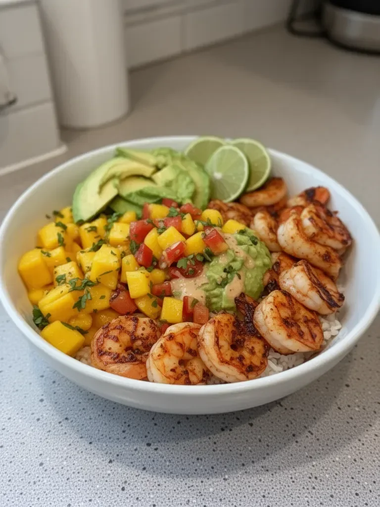 Shrimp and Avocado Bowls with Mango Salsa & Lime-Chili Sauce