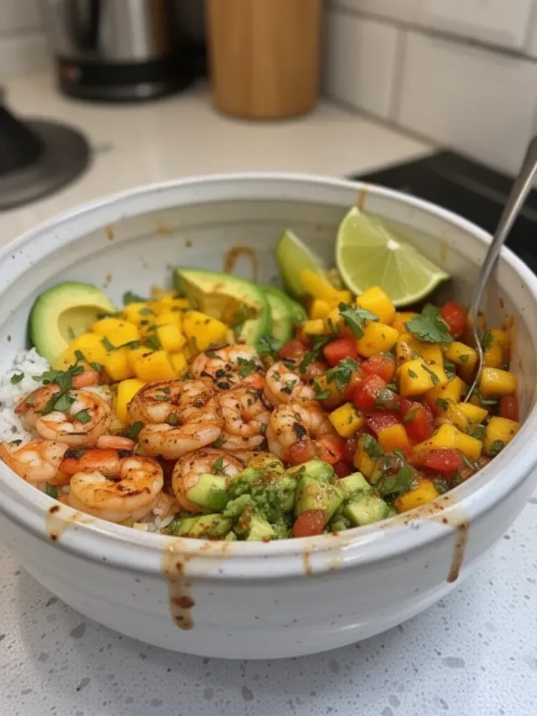 Shrimp and Avocado Bowls with Mango Salsa & Lime-Chili Sauce