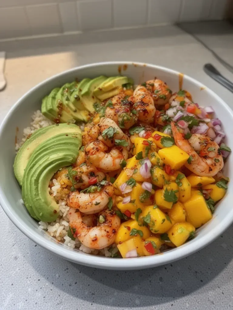Shrimp and Avocado Bowls with Mango Salsa & Lime-Chili Sauce