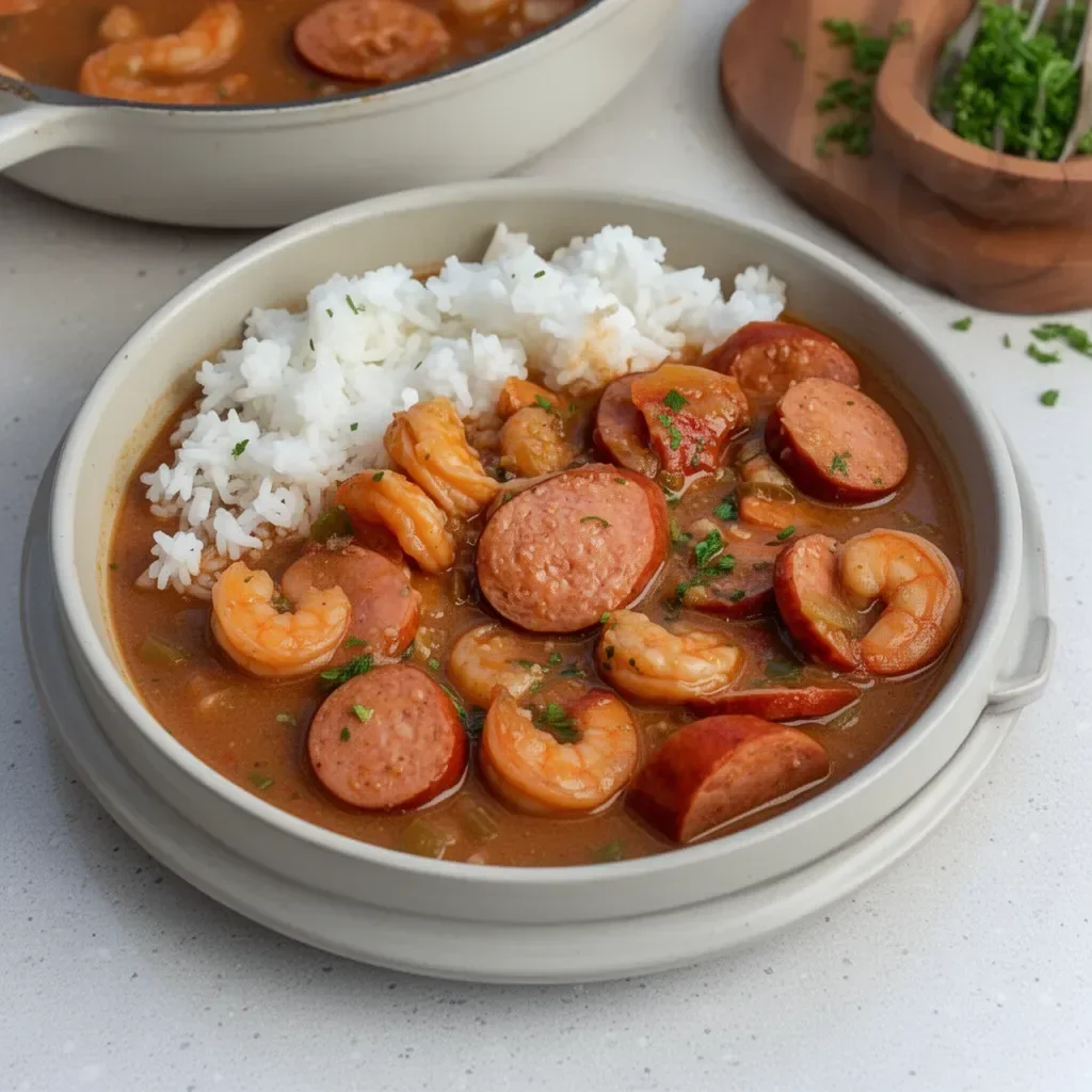 Bowl of Shrimp and Sausage Gumbo with rice and spices, showcasing a savory meal.