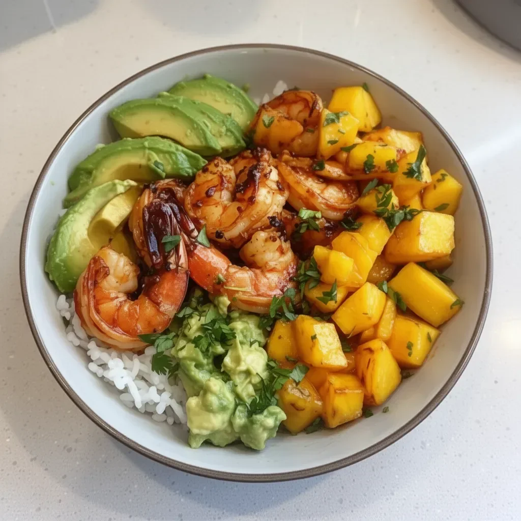Colorful Shrimp Avocado Mango Bowls with fresh ingredients and vibrant presentation.
