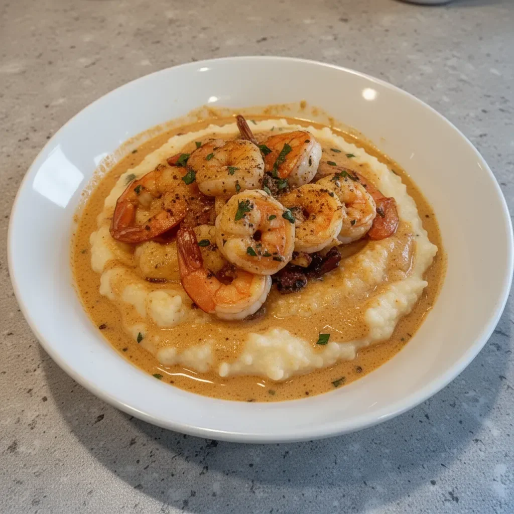 Delicious shrimp and grits served with Cajun cream sauce on a plate
