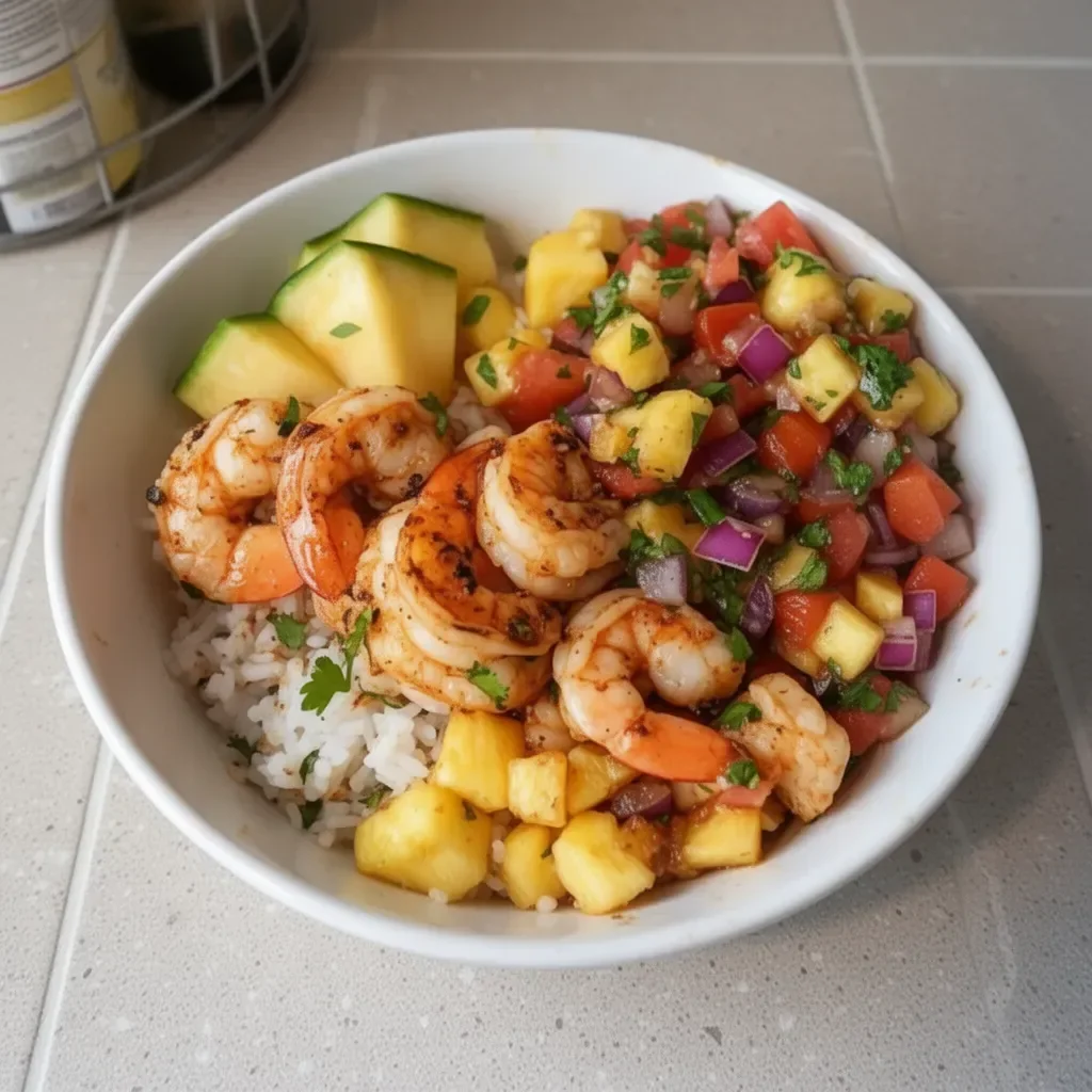 Shrimp rice bowl with colorful pineapple salsa served in a dish