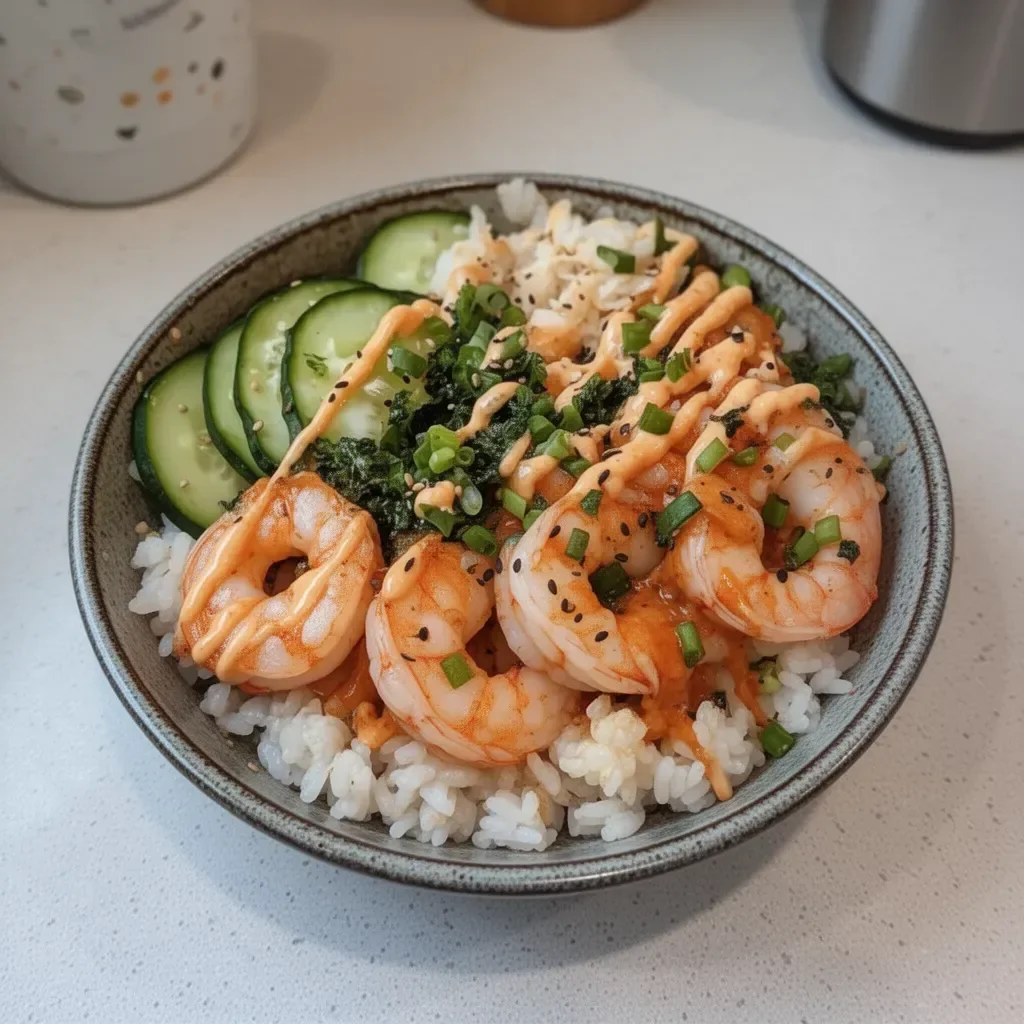 Close-up of colorful shrimp rice bowls with fresh vegetables and herbs