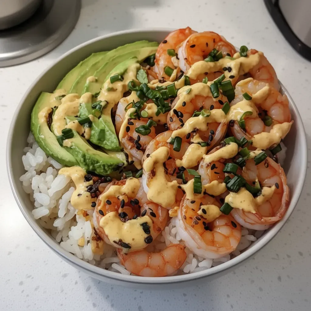 Flavorful shrimp rice bowl topped with fresh vegetables and herbs
