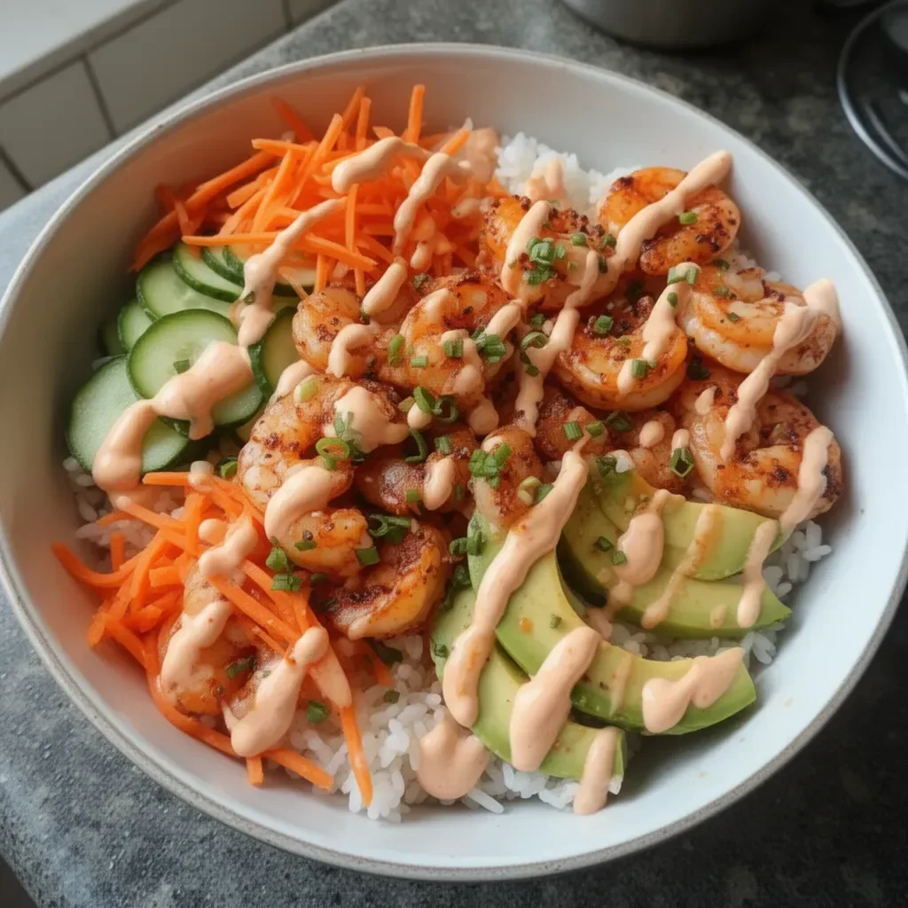 Shrimp rice bowl topped with spicy mayo and fresh ingredients.