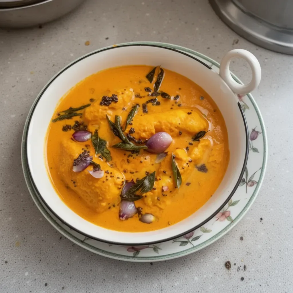 Delicious South Indian Fish Curry garnished with herbs and spices