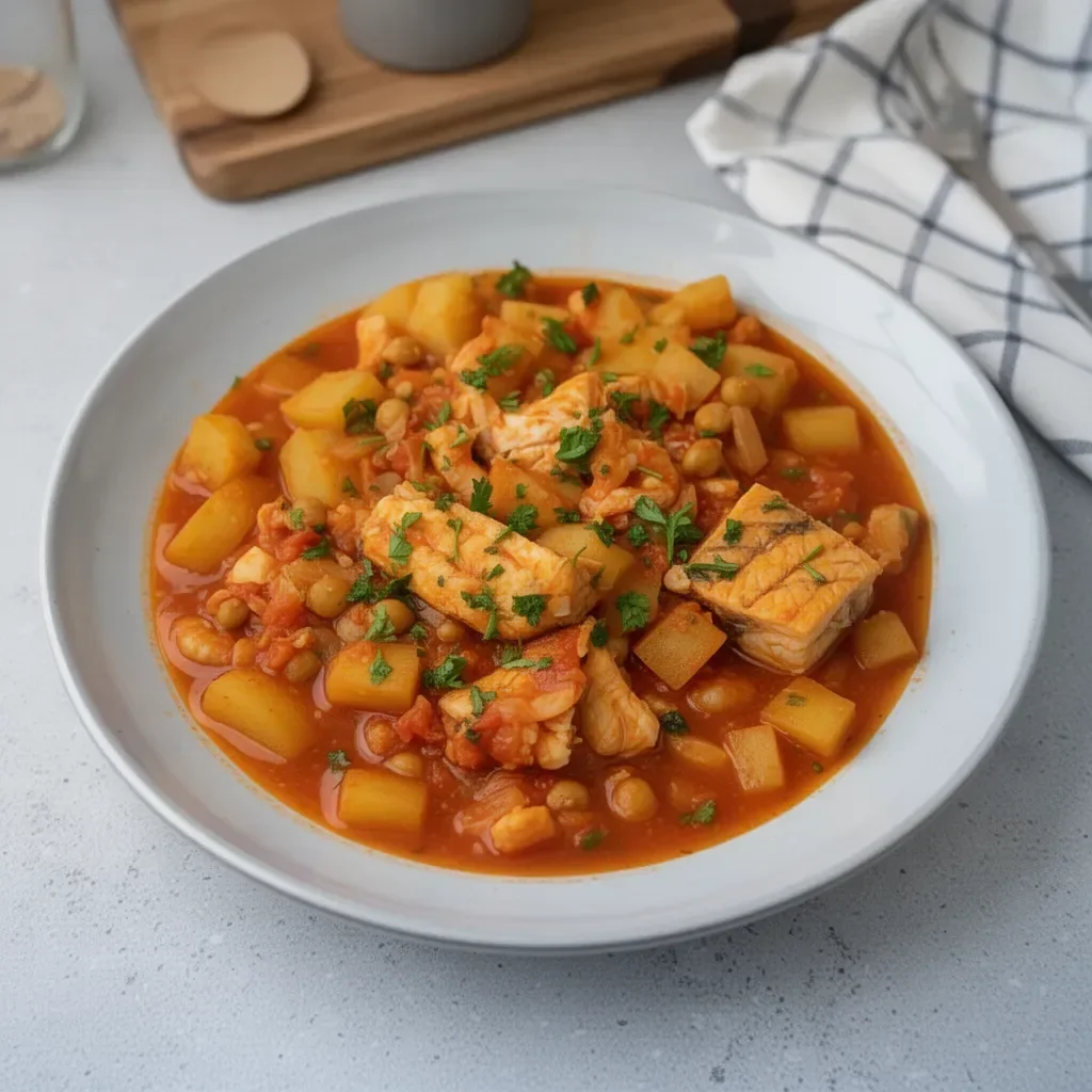 Delicious Spanish fish stew garnished with fresh herbs and seafood