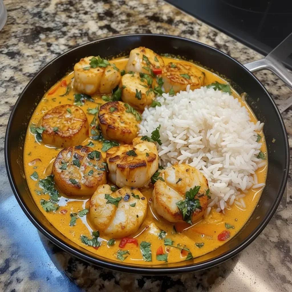 Delicious spicy coconut curry scallops served in a bowl with fresh herbs