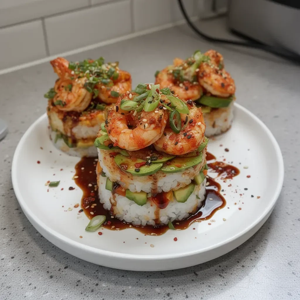 Spicy shrimp sushi stacks topped with avocado and spicy mayo