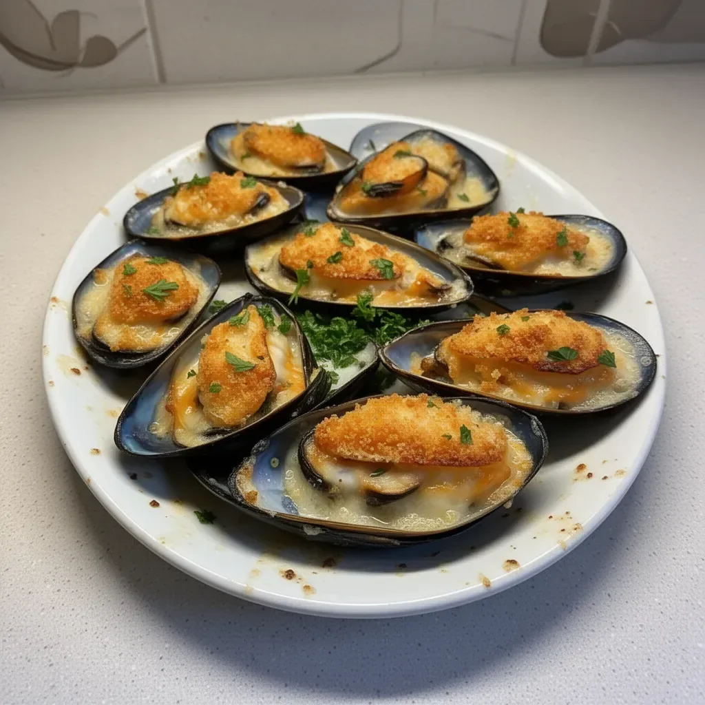 Delicious stuffed baked mussels topped with breadcrumbs and herbs