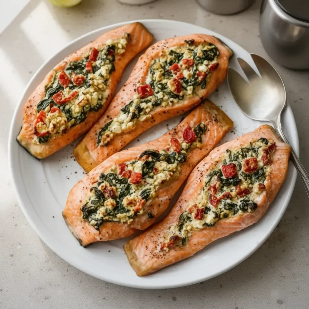Stuffed salmon with spinach and feta served on a plate.