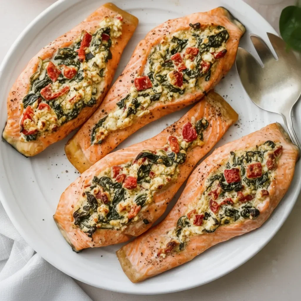 Stuffed salmon with spinach and feta on a plate, garnished and ready to serve