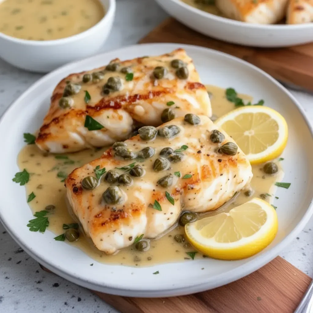 Plate of tasty halibut with lemon caper sauce garnished with herbs.