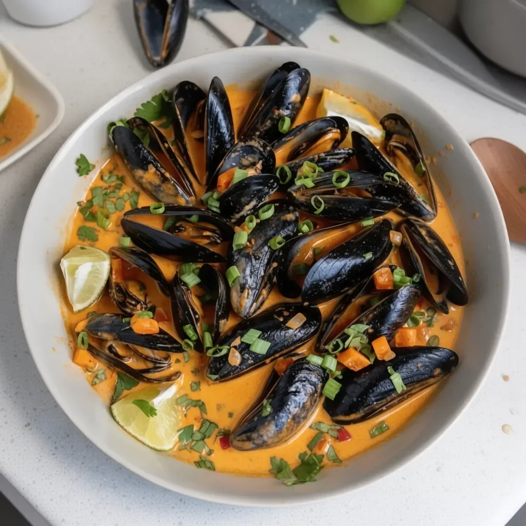 A bowl of Thai coconut mussels with herbs and spices