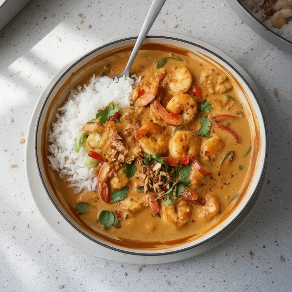 Delicious Thai Coconut Shrimp Curry served in a bowl with fresh herbs