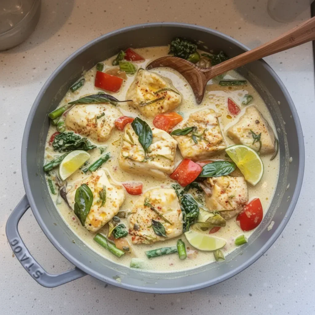 Thai fish curry with coconut milk served in a traditional bowl
