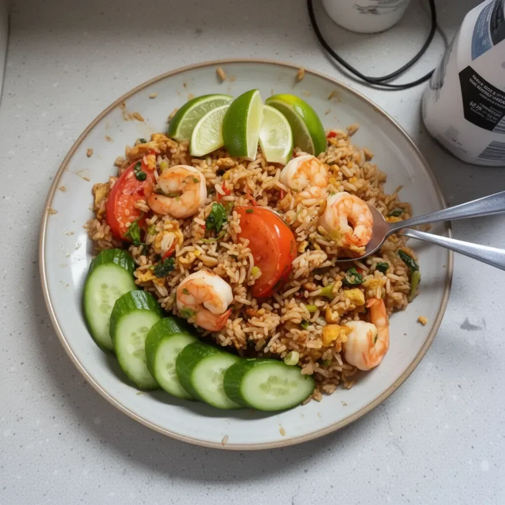 Delicious plate of Thai Fried Rice with vegetables and herbs