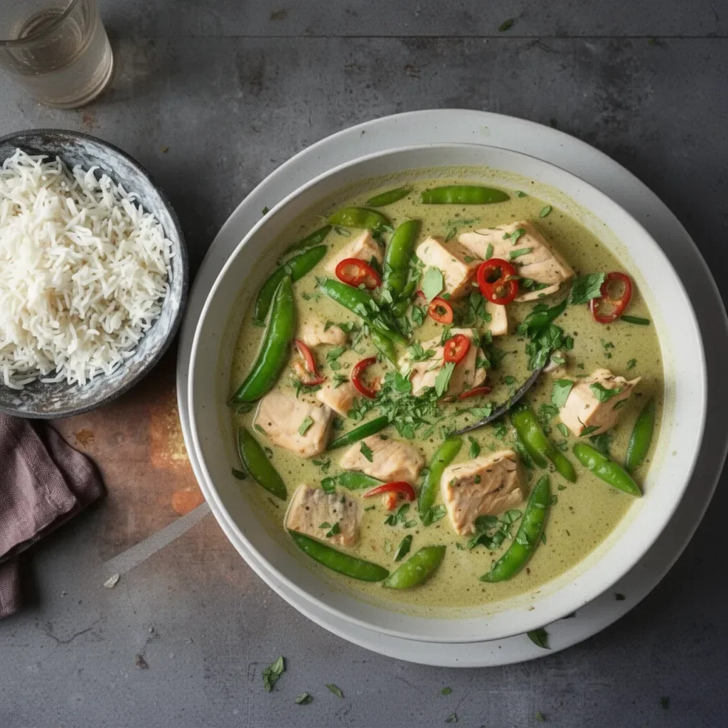 Delicious Thai Green Curry Fish served with fresh herbs and rice.