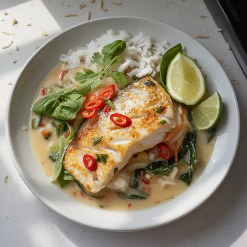 Delicious Thai-Inspired Coconut Poached Fish served with fresh herbs and lime.