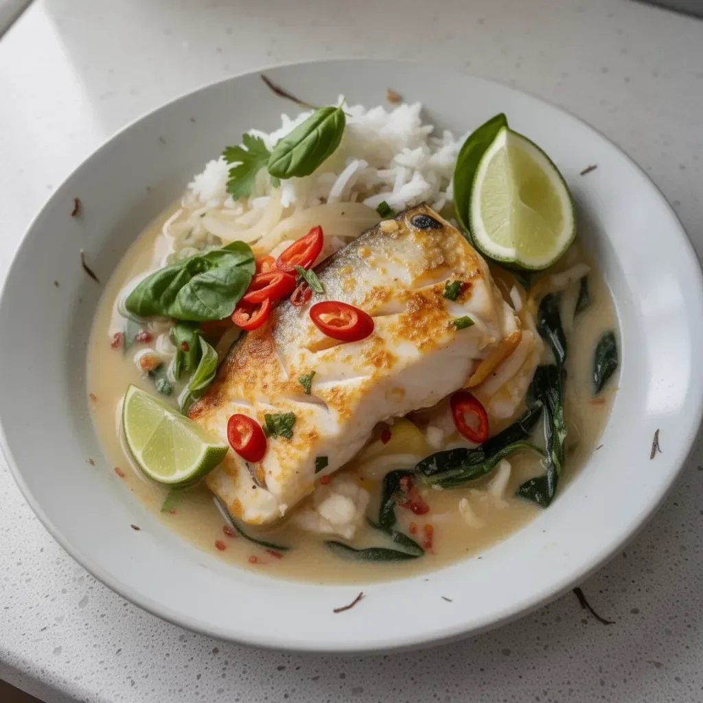 Delicious Thai-inspired coconut poached fish garnished with herbs