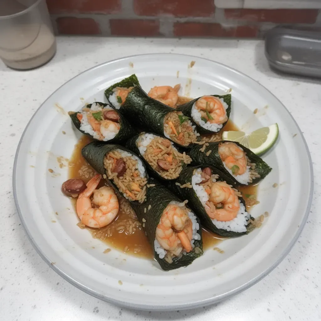 Traditional Japanese hand rolls featuring fresh seafood and vegetables served on a wooden plate.