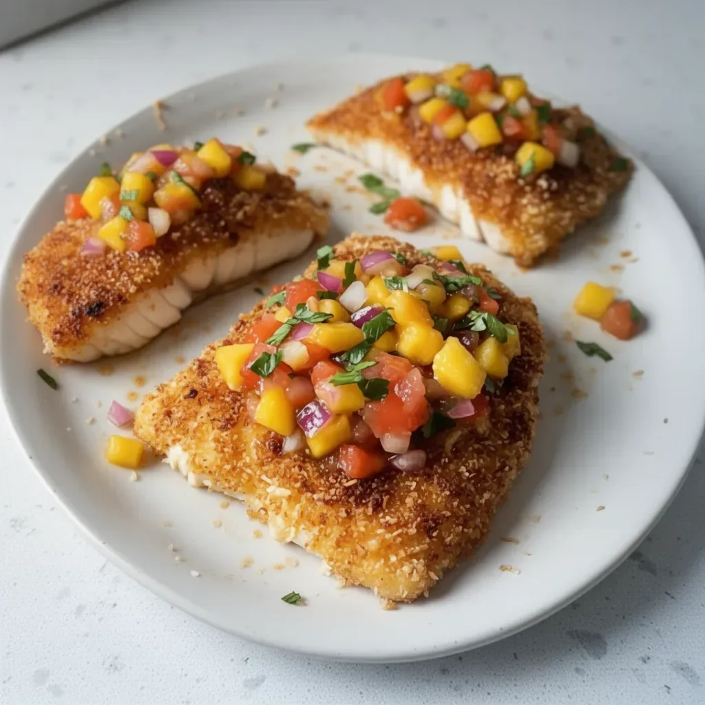 Plate of tropical coconut crusted fish served with vibrant mango salsa.