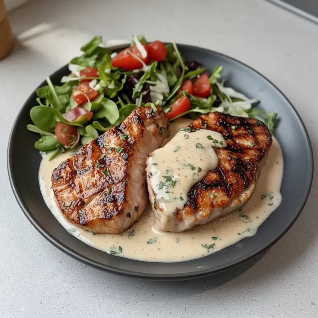 Delicious tuna steaks with creamy garlic sauce and fresh salad