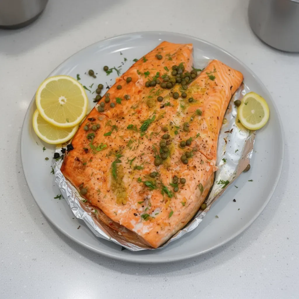 Whole baked salmon fillet garnished with herbs and lemon slices