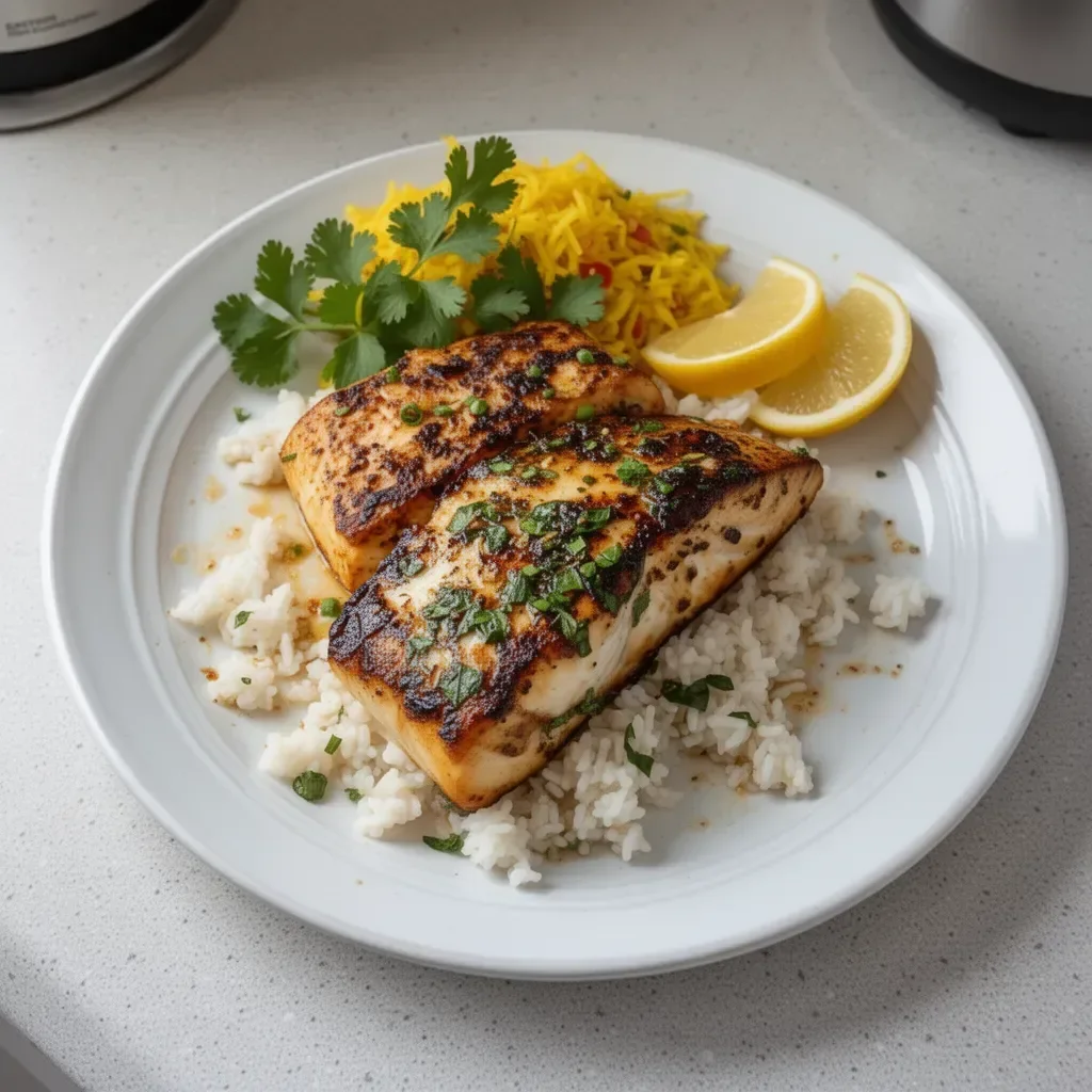 Cooked Zesty Mahi Mahi served on a plate with garnishes and sides.