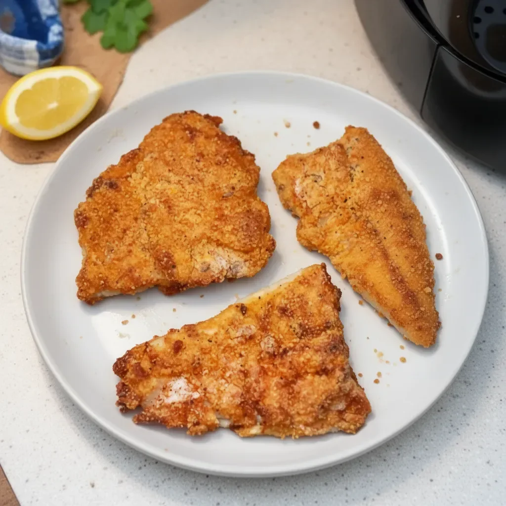Delicious air fryer crispy fish served with lemon and herbs