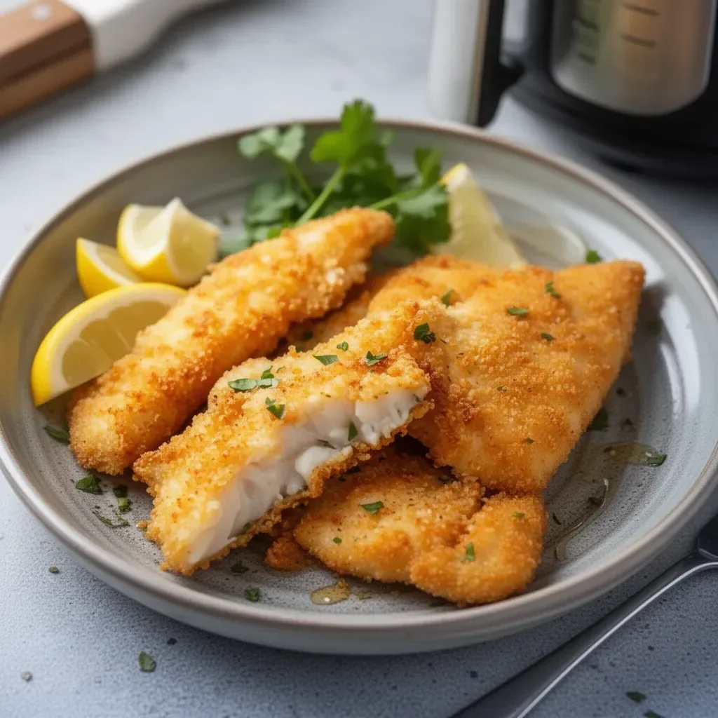 Crispy air fryer fish served with lemon and herbs on a plate