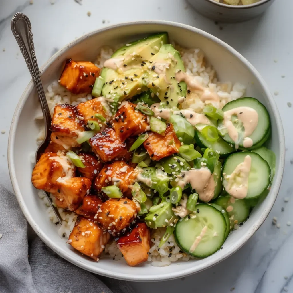 Delicious Air Fryer Sticky Salmon Bowls with fresh ingredients and vibrant colors.