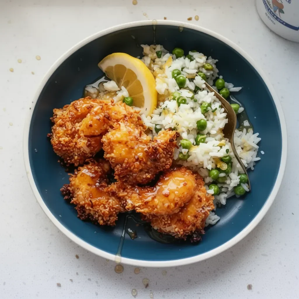 Baked Coconut Shrimp with rice and honey butter sauce on a plate.
