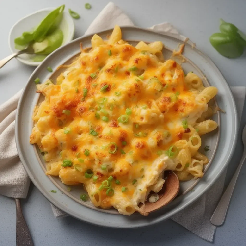 Delicious Baked Crab Pasta served in a bowl with cheese and herbs.
