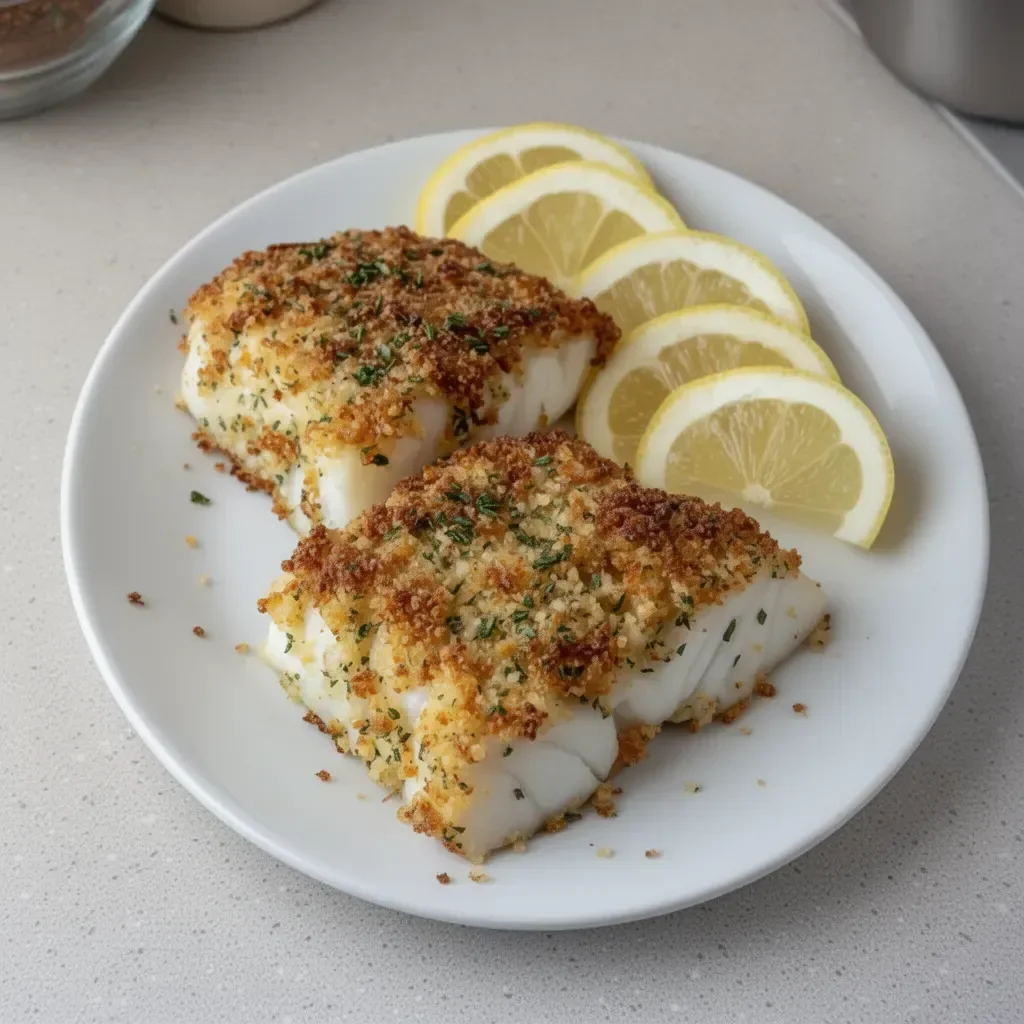 Baked halibut with panko herb crust served on a plate