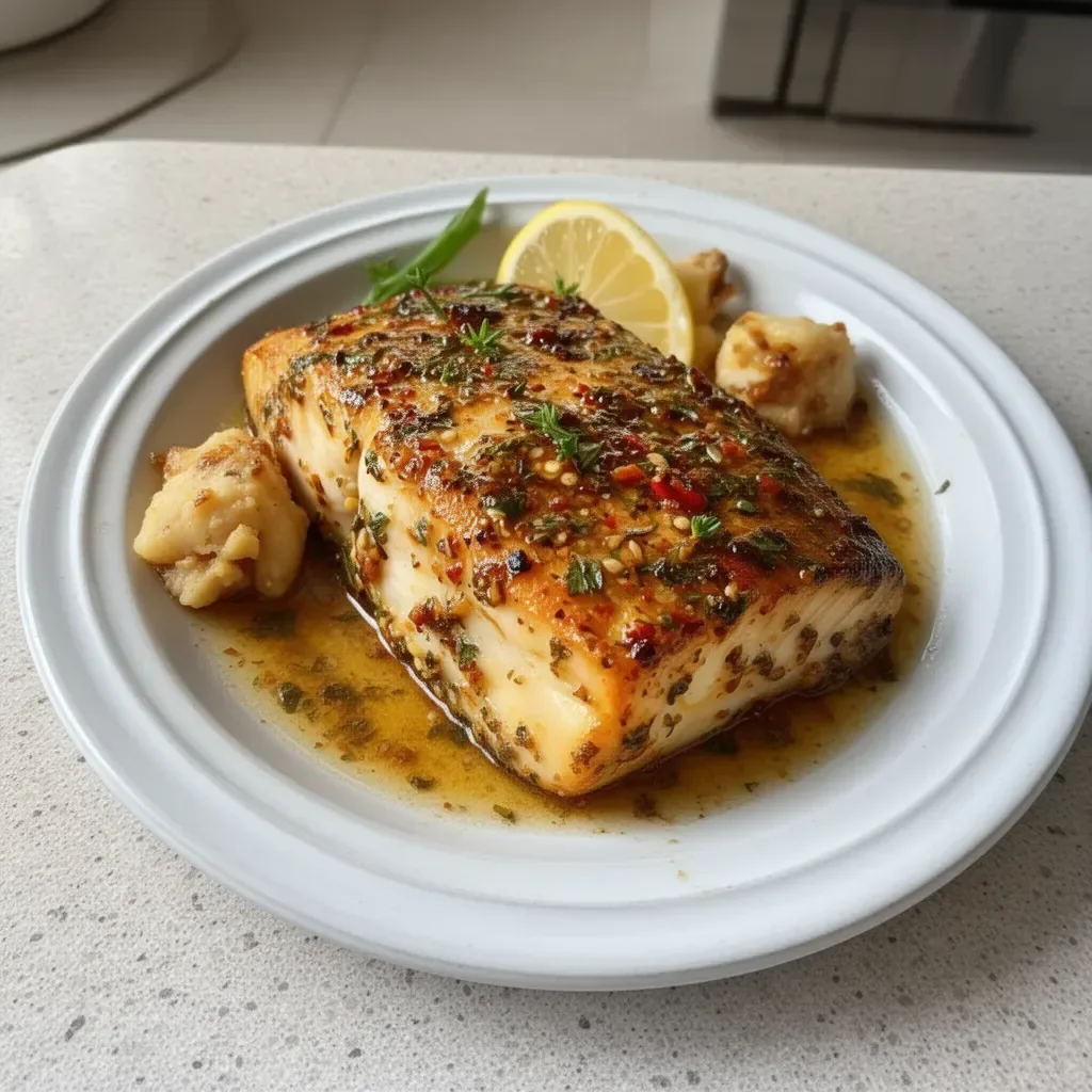 Baked Mahi Mahi served with vegetables and lemon slices on a plate.