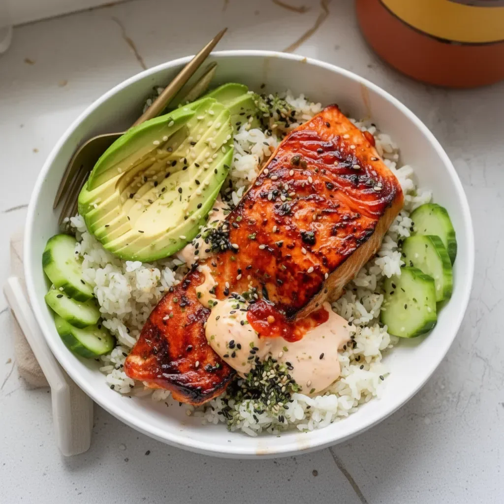 Baked salmon sushi bowl with fresh ingredients and colorful toppings