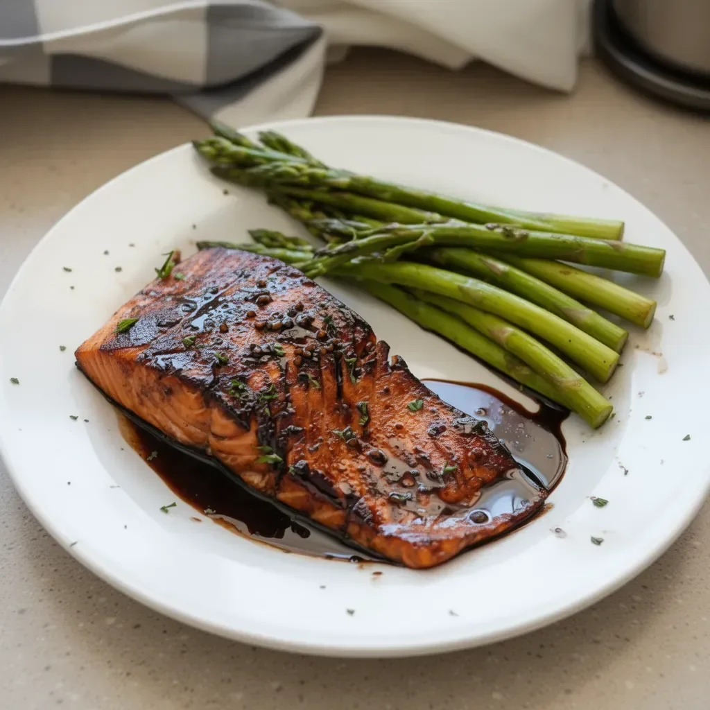 Delicious balsamic glazed salmon served with veggies