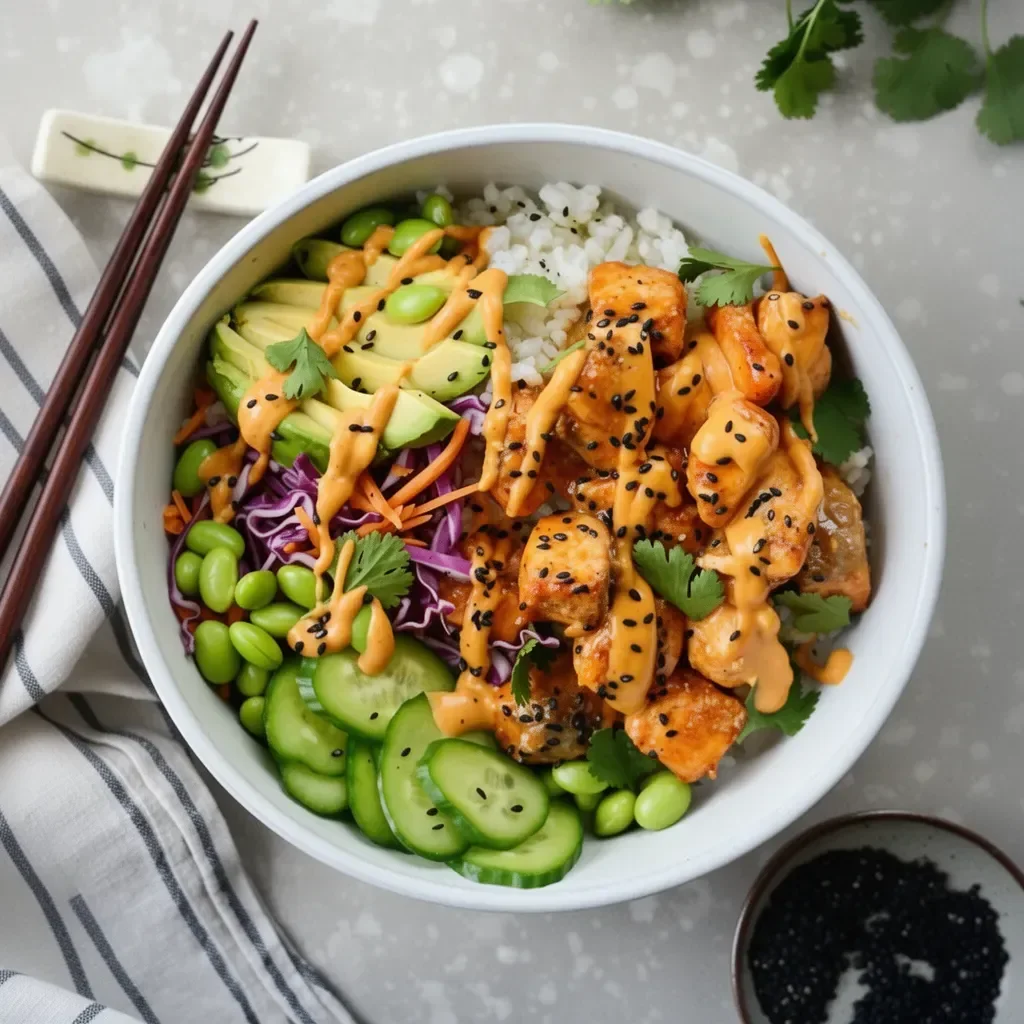 Bang Bang Salmon Rice Bowls with salmon, rice, and colorful vegetables