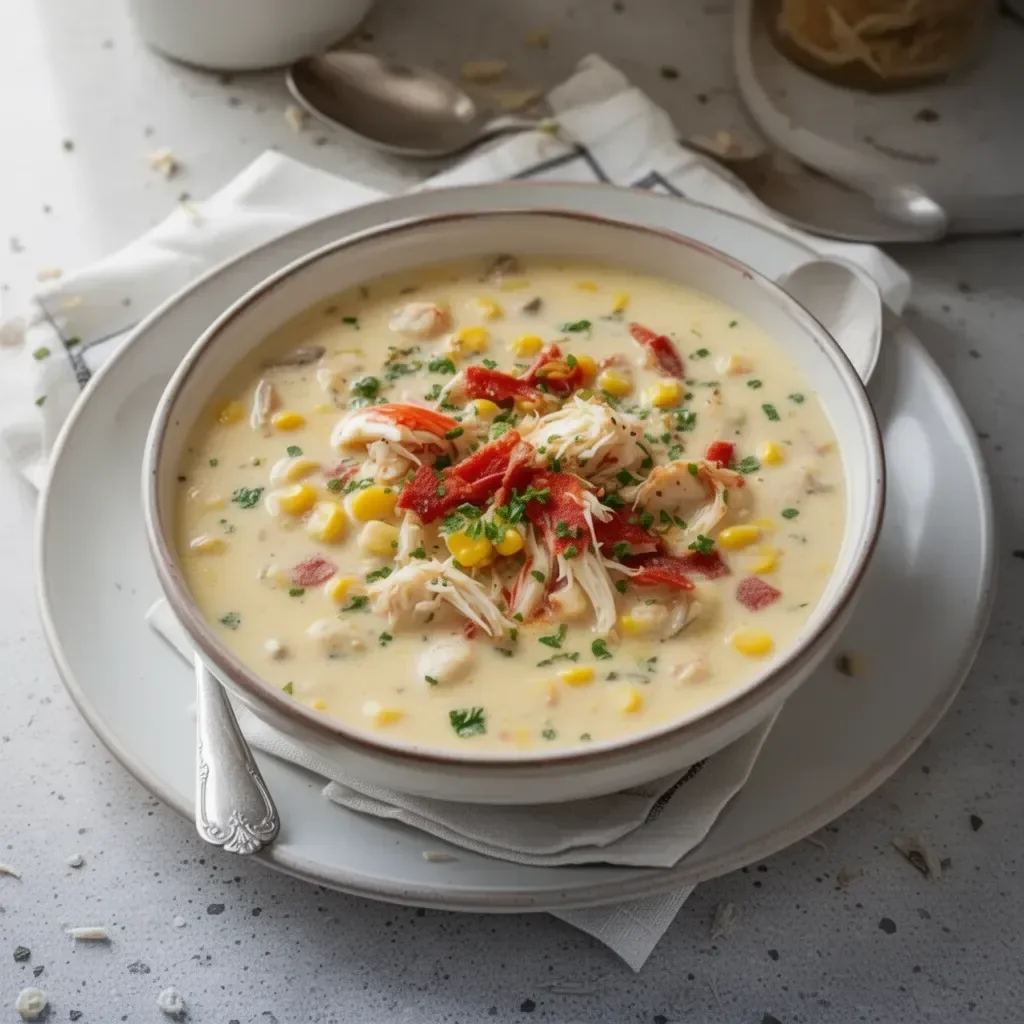 Bobby Flay's creamy crab chowder with corn served in a bowl