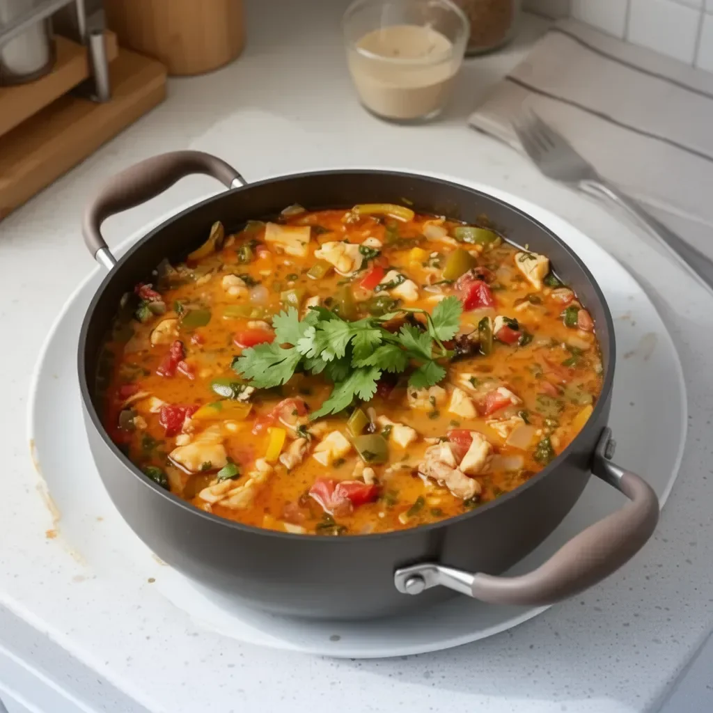 A bowl of Brazilian Fish Stew garnished with herbs and spices.