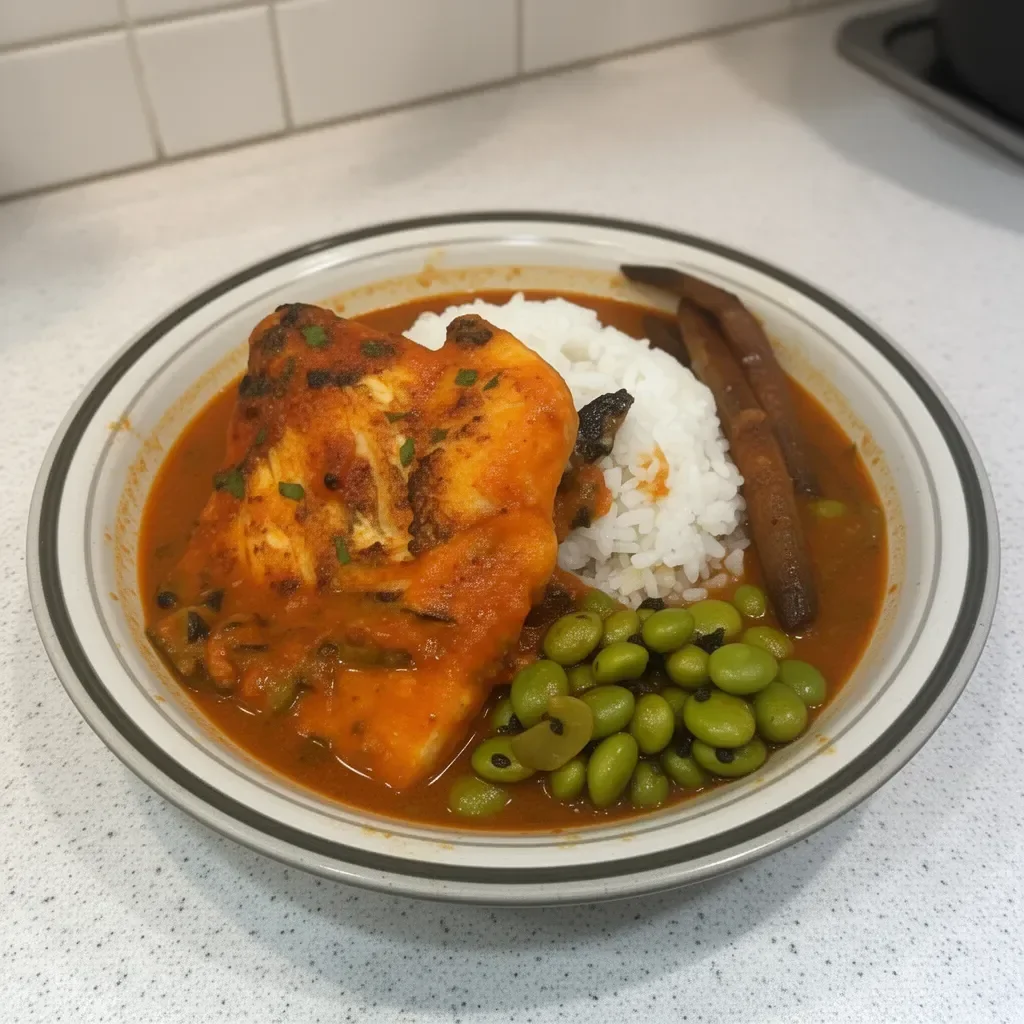 A bowl of Brazilian fish stew, or Bahian Moqueca, garnished with cilantro and lime.