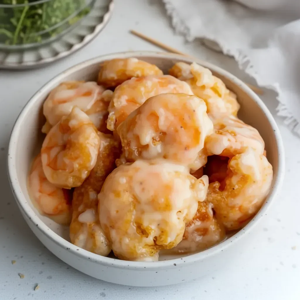 Buffet style creamy coconut shrimp dish served on a colorful platter